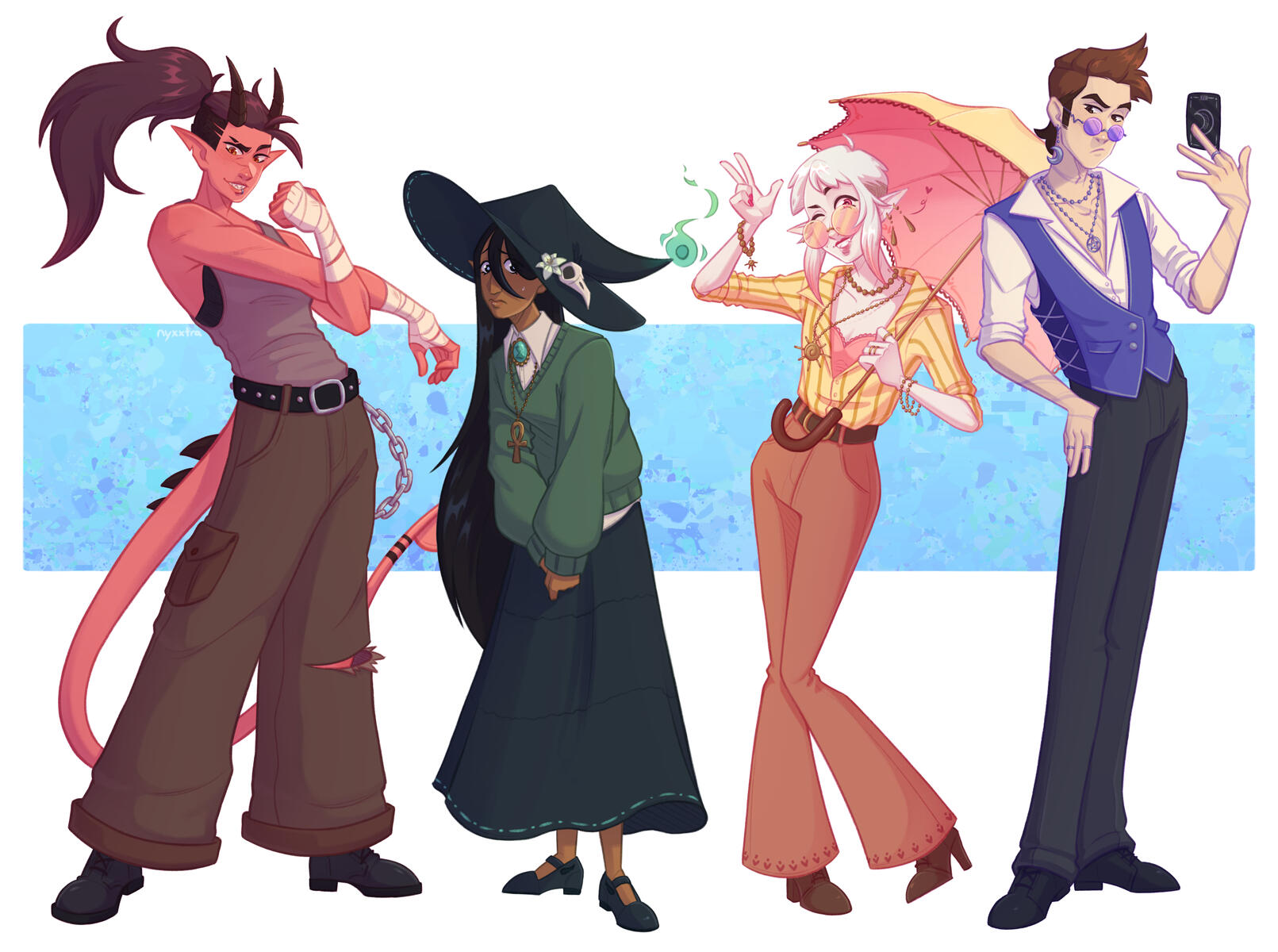 Psychopomp: Character Lineup 2026 - Left to right: Cyra, Mara, Sun, Alistair